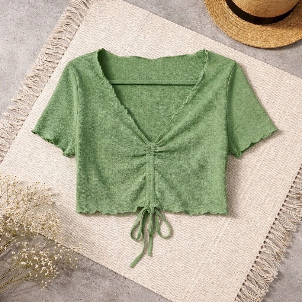 Cider Green Textured Ruched Drawstring Crop Top Lettuce Trim CD2022011156817MD M - Picture 1 of 6
